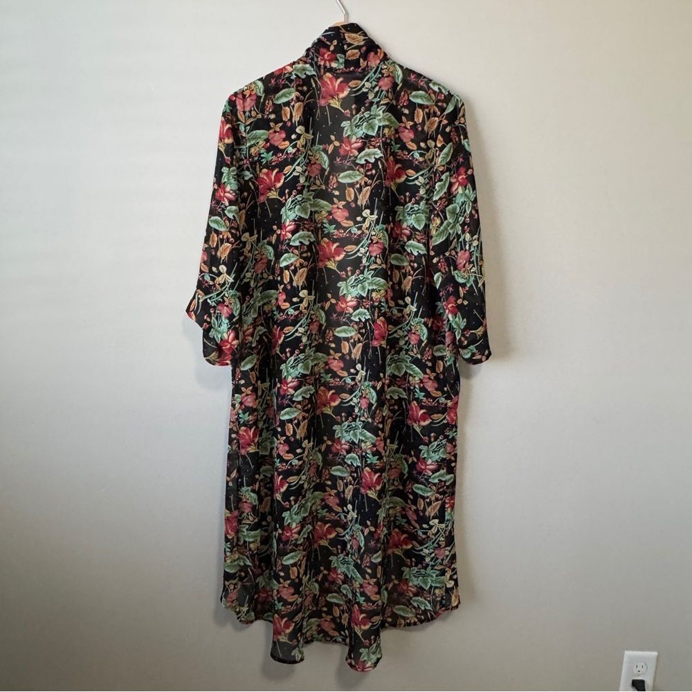 Floral Open Front Duster Kimono Black Botanical Boho Maxi Layering Cardigan - Picture 6 of 7
